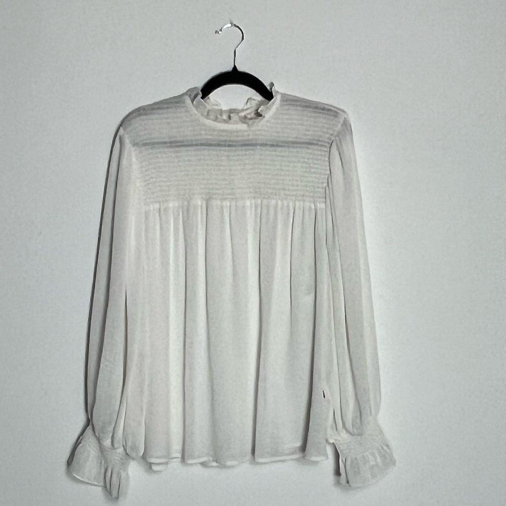Women's White Ruffled Yoke Sheer Blouse